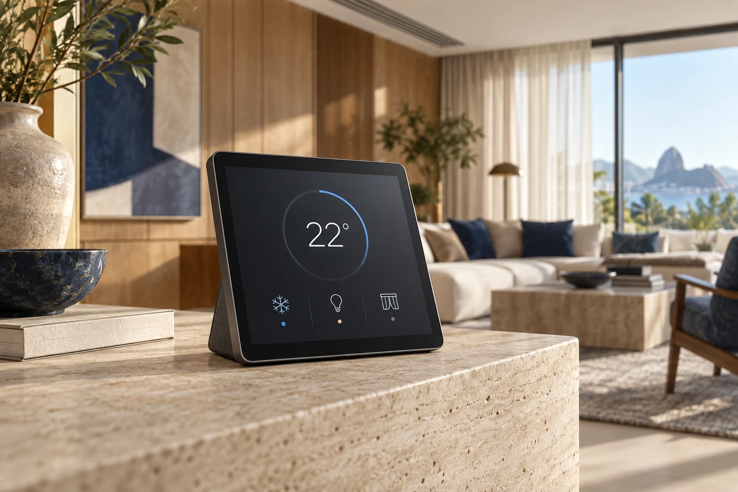 Imagem conceitual de uma central de automação com controles de temperatura, iluminação e cortinas em um apartamento