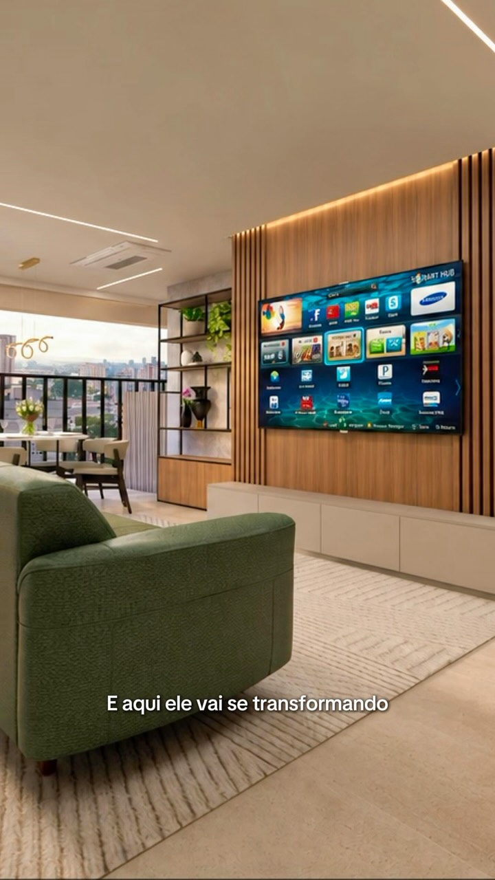 Sala integrada finalizada com painel de madeira