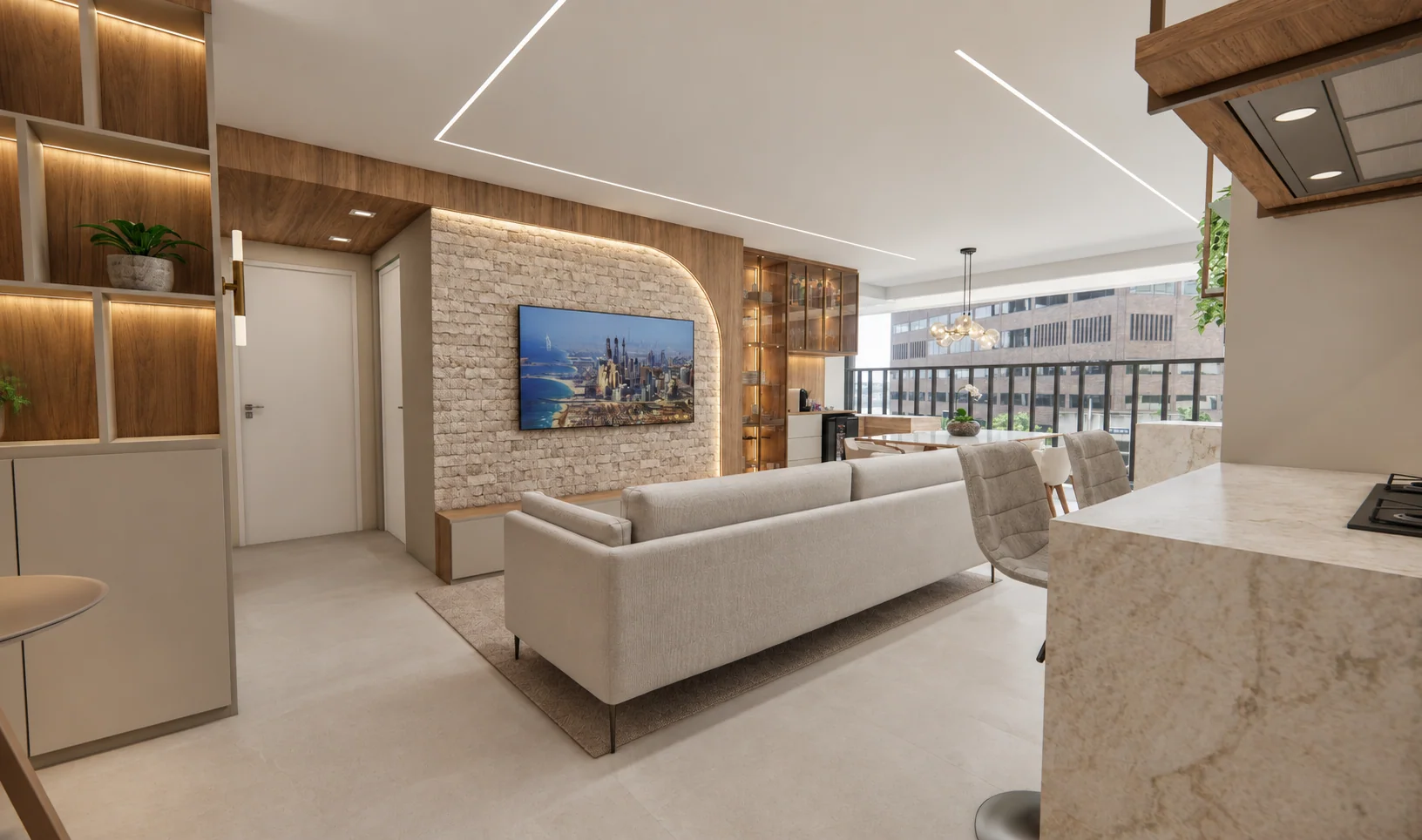 Perspectiva de projeto de interiores com sala integrada, madeira e iluminação linear