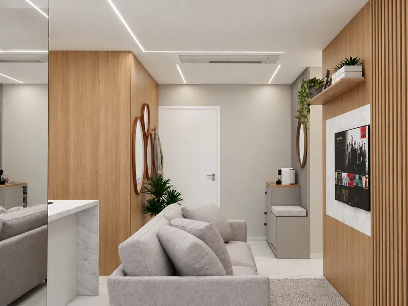 Perspectiva da sala integrada com sofá, jantar e painel de madeira